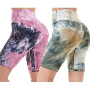 iniber High Waist Tie Dye Yoga Workout Tummy Control Running Stretch Shorts 2pcs